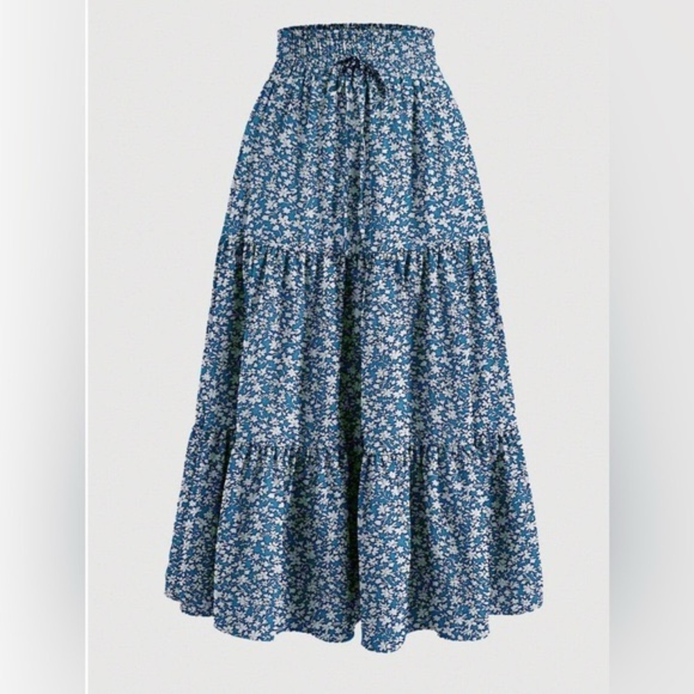 Blue Boho Floral Print Tiered Ruched Skirt